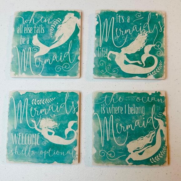 Mermaid coasters for drink Absorbent Ceramic Square coasters nautical coastal - Picture 1 of 7